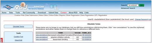 A list of obsolete ontology terms with links to annotations containing those terms.