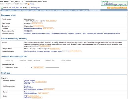 Information in a UniProtKB entry is linked to underlying data sources. The source of each data item is indicated and the source information is hyperlinked to allow users to access the original data source directly.