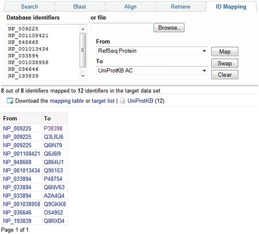 Mapping database identifiers using the identifier mapping tool on the UniProt website. The identifier mapping tool allows mapping of UniProt identifiers to identifiers in a database referenced from UniProt or vice versa. Here, a set of RefSeq identifiers are mapped to the corresponding UniProtKB entries.