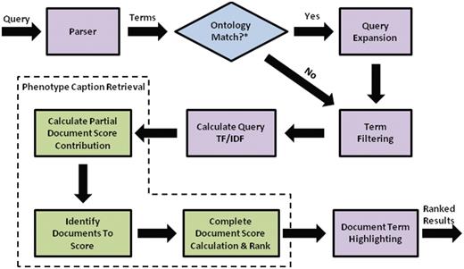 Flow chart for search engine retrieval, from query processing, to similarity calculations for individual text descriptions and folders, to ranking and highlighting of the search results.