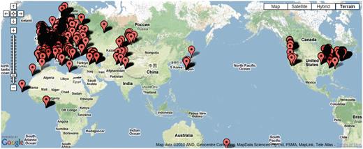 Map showing the location of 7075 accessions genotyped in the 149SNP data set.