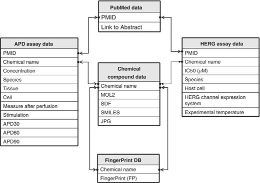 Schematic representation of hERGAPDbase architecture. hERGAPDbase consists of five data tables: PubMed data, Chemical compound data, FP DB, APD assay data and HERG assay data. The abbreviations APD and HERG indicate APD and hERG, respectively. The PubMed data table consists of two attributes: PubMed Unique Identifier (PMID) and Link to Abstract. The Chemical compound data table consists of five attributes: chemical name, Sybyl Mol2 chemical modeller output (MOL2), SDF, SMILES and JPEG). The FP DB data table consists of two attributes: chemical name and FP. The APD assay data table consists of 11 attributes: PMID, chemical name, concentration, species, tissues, cell, measure after perfusion, stimulation, APD at 30% repolarization (APD30), APD at 60% repolarization (APD60) and APD at 90% repolarization (APD90). The HERG assay data table consists of seven attributes: PMID, chemical name, half maximal inhibitory concentration (IC50; µM), species, host cell, HERG channel expression system and experimental temperature.
