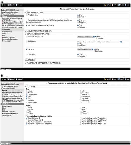 Schematic representation of the querying process for the PED CNV data sets. (A) Filters and (B) Attributes.