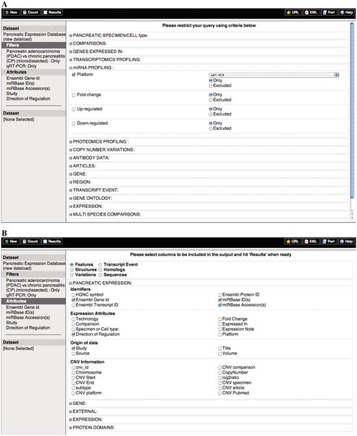 Schematic representation of the querying process for the PED expression data set. (A) Filters and (B) Attributes.