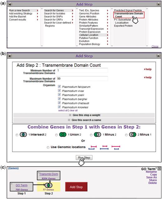 Adding steps to build a more complex strategy. Clicking on the Add Step button (Fig. 2) brings up an Add Step dialog box (a), from which the user selects which search to run. This brings up a display showing parameters for that search (b, top) and options for combining with the previous step (b, bottom). The new step is added to the strategy (c), and the combined result highlighted and returned as a list in the Summary Display (data not shown).