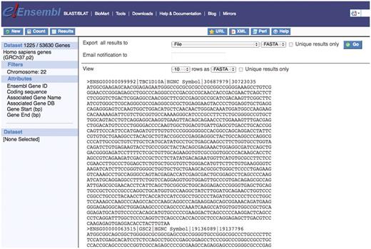 The ability to retrieve sequence information for genes of interest is a powerful feature of the BioMart tool. Here a user can download the coding sequence for all genes on chromosome 22 as well as additional information about each gene and this can be exported in a useful format.