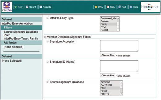 Building a filter with two components: include results for ‘Family’ entry types that comprise signatures from Pfam.