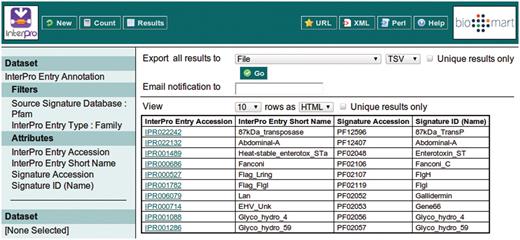 Clicking the ‘Results’ button at the top of the interface provides the first 10 results matching the query, to allow the query to be modified or improved.
