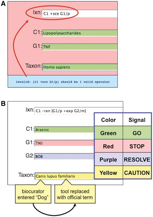 Color-coded QC. (A) If an invalid curation code (here, ‘sce’) is entered in the interaction field (Ixn), the tool automatically alerts the biocurator by coloring the window red (‘STOP’) and producing an error report at the bottom of the page (red circle). The interaction cannot be saved until the biocurator fixes the error. Notice that the terms for C1, G1 and Taxon are correctly entered and the fields remain green. (B) Terms entered by a biocurator for chemicals (C1), genes (G1, G2), diseases (data not shown) and Taxon are automatically compared against CTD’s controlled vocabularies and are color-coded according to their correspondence. Here, the C1 term Arsenic is an acceptable official term and is highlighted in green. The G1 term TIKI, however, does not match any official gene symbol or synonym in CTD, so the curation tool alerts the biocurator in red. The G2 term BOB does not match any official gene symbol in CTD, but is a synonym for more than one gene; since the tool cannot deduce which was the intended official symbol, the term is flagged as purple for the biocurator to resolve. In Taxon, however, the biocurator originally entered ‘Dog’ and the curation tool was able to resolve it as a synonym to just one official term; the tool automatically replaces ‘Dog’ with that term (Canis lupus familiaris) but still cautions the biocurator to double-check the automatic selection made by the curation tool.