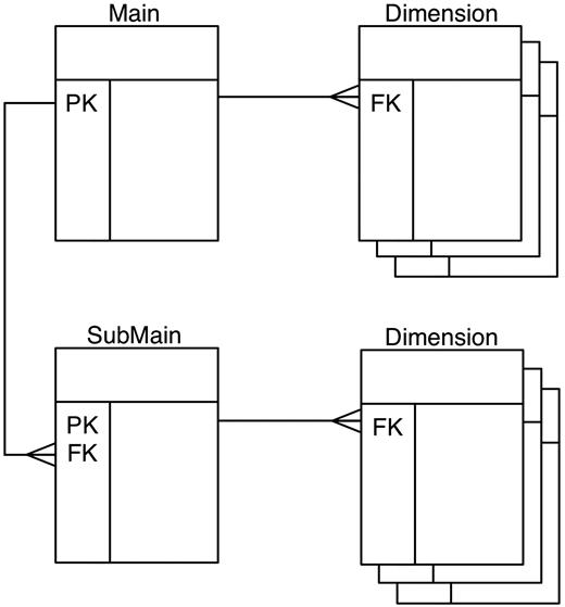 Reverse star schema. This data set has one main table and one submain table, each of which has several dimension tables. Main and submain tables have one-to-many relations, while the relations between main and dimension tables are one-to-many.