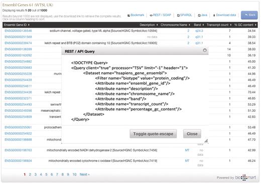 Programmatic access with a click of a button. By clicking one of the available API buttons such as REST/SOAP web service, SPARQL or Java, a query that has been constructed in a web-based GUI is automatically compiled to the desired syntax.