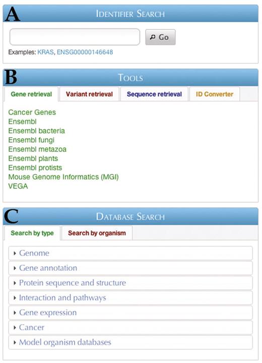 The BioMart Central Portal home page. Three main entry points are available: (A) Identifier search, (B) Tools and (C) Database search.