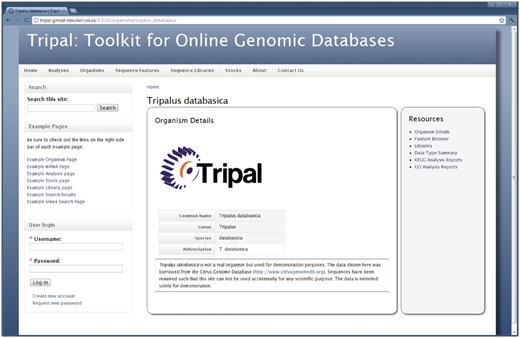 The Organism page. Details about an organism are presented first when visiting the Organism page. The right hand sidebar titled ‘Resources’ provides additional links for data related to this Organism. Through these links, visitors can use the feature browser to sort through a list of available genomic features (sequences) for this organism, view a list of feature libraries for this organism, and view reports of summarized data for the organism, including GO and KEGG reports. A search box in the top left-hand side is available for full-text searching of the site, and a login box is available for administrative and community logins. By customizing the Tripal template files, site administrators can add any number of links to the resources sidebar.