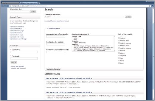 Full-text search page. Drupal provides a full-text searching mechanism which Tripal supports for searching Chado content. The search page can be found by using the search box in the top right corner on the example website. In this example a search for the term ‘ribosome’ yielded two mRNA results. An advanced search field set is also available and shown expanded. This allows visitors to filter searches by a specific organism, feature type, analysis or Drupal content type (shown in the list along the right hand side). Users can download a FASTA file of search results by clicking the ‘Download features’ link near the top of the search page.