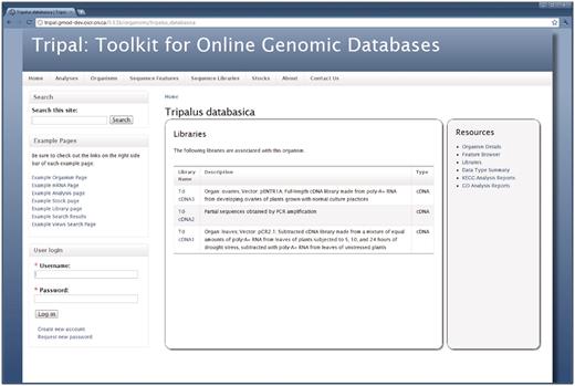 The libraries for an organism. The Tripal Library module will automatically provide a list of libraries associated with an organism. This list is available by clicking the ‘Libraries’ link on the right sidebar of the Organism page. New libraries will automatically appear in the list as they are added. Visitors can find more information about a library by visiting a library's corresponding content page, which is found by clicking on the library name in the list.