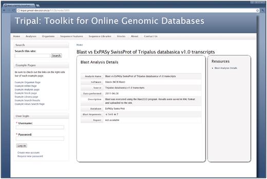 The Analysis page. When adding results from an analysis, content managers may provide specific details about the analysis including the software used, the date the analysis was performed, parameters used and the data source used. This example shows information for a BLAST homology analysis, specifically the BLAST homology results shown in Figure 5.