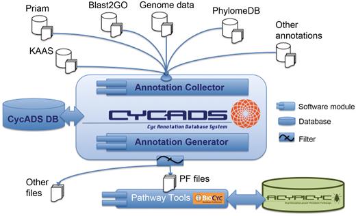 CycADS annotation management system workflow. Genomic information is combined in CycADS with the annotation data obtained using different methods and the collected data are filtered to produce the PathoLogic files (PF files output) that will then be used to generate the BioCyc databases with the Pathway Tools system (PathoLogic module). The annotations can also be extracted for other applications using the filtering system (other files output).