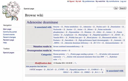 Semantic Media Wiki browse by properties feature accessible in Gene Wiki+. Displaying semantic content from article about adenosine deaminase.