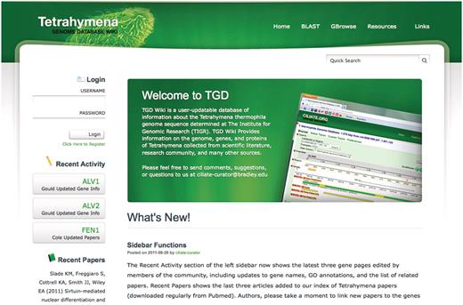 TGD Wiki home page. The latest community annotations are highlighted in the Recent Activity section, with the three most recent Tetrahymena papers available in Pubmed shown below. The Quick Search tool, administrator posts, and editor login are also found on this page, as are links to BLAST, GBrowse and external web sites.