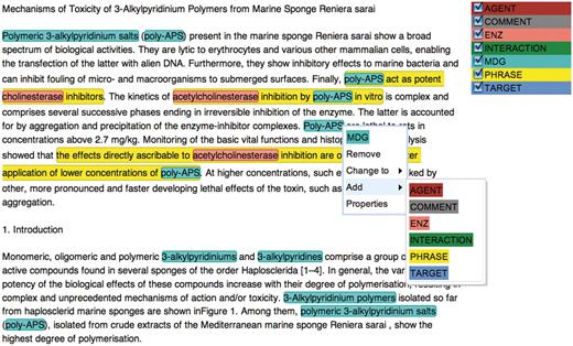 Annotation editor in action: the user is about to add an annotation manually to automatically pre-annotated text.
