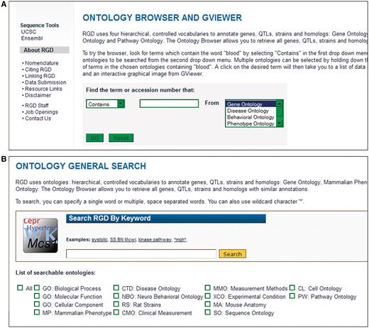 Old and new ontology search. (A) Old ontology search with choice of ‘Contains, Equals, Begins With, or Ends With’ for searching terms in one ontology at a time. (B) New ontology search interface with options of searching all or a combination of 14 different ontologies/vocabularies for terms, synonyms or accession numbers.
