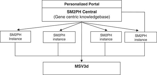 General architecture of SM2PH central. SM2PH Central allows the generation of SM2PH instances (focusing on specific sets of target genes) which can access variant information through the new MSV3d, devoted to human variant data and information.