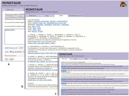 Using the MINOTAUR curator-assistant tool to generate a protein report and extract structure-related sentences from the literature: (a) shows the BLAST-PRECIS input option, with putative G-protein-coupled receptor, Q9C929_ARATH, as the query sequence; (b) shows the returned PRECIS report from the top 7 BLAST hits, which suggests the sequence really belongs to the LanC-like protein family; (c) selection of relevant sentences from the PubMed query results, confirming that the sequence is unlikely to be a GPCR.