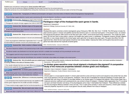 Using MINOTAUR to select function-related sentences relevant to query sequence, Q30HW6_9CICH. The top sentences are shown, following use of the search options illustrated in Figure 3. The parent abstracts for each group of sentences may be quickly viewed by clicking on the appropriate icon (inset). In the examples highlighted, a set of green-sensitive opsins is noted to belong to a distinct ‘rhodopsin-like’ phylogenetic group, being more similar to rhodopsins than they are to other green pigments. This helps to resolve the apparent ambiguity in the PRINTS cross-reference to rhodopsins rather than to green-sensitive opsins: sequences in this group clearly have a rhodopsin-like sequence signature and not a ‘green’ one.