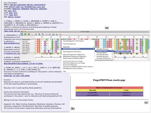 Illustration of the PRECIS and FingerPRINTScan Web-service plugins integrated within Utopia’s CINEMA alignment editor: (a) shows an alignment of sequence Q9C929_ARATH with LanC-like proteins, with the context-sensitive menu invoking a Web-service plugin; (b) shows the report generated for this group of sequences by the PRECIS plugin; and (c) shows the FingerPRINTScan-plugin result for a PRINTS search with Q9C929_ARATH, which diagnoses the sequence as a eurkaryotic LanC-like protein belonging to the LanC-like superfamily.
