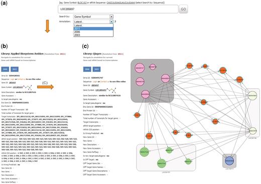 Example of a database search for gene LOC285697. (a) The search page allows for gene, siRNA sequence or siRNA ID. The search page provides a combo-box with selection possibility for the year of RefSeq database used for on-target analysis. Here LOC285697 as gene symbol was queried with the selected year of 2011 for RefSeq annotation. (b) Results card showing siRNAs, annotation for the queried gene and specificity parameters. (c) An example of the off-target network view in RNAiAtlas, centered on the query siRNA AGGCAGCAACAAGGATGGGAT (SI00495747) of gene ‘LOC285697’ from Qiagen human genome wide library (Network URL: http://rnaiatlas.ethz.ch/index/network/gene/LOC285697/library/3). Nodes in square (eg. gray squares) are individual siRNAs of same gene. Each node may have connection to off-target gene (represented again by three or four siRNAs). If off-targets genes are not existing in RNAiAtlas (e.g. pseudogenes, discontinued genes) siRNAs are having one edge to off-target gene (orange nodes).