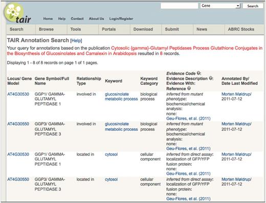 TAIR annotation detail page showing attribution to community member.
