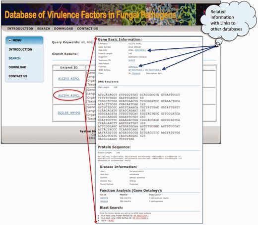 The display page of searching result and information of each gene.