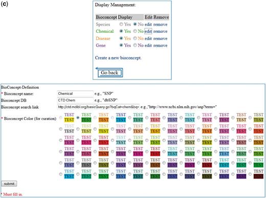 (a) Group 121 web interface. A screenshot of Group 121’s ranked list of chemicals for curation in their web interface. (b) A screenshot of Group 121’s curation detail page in their web interface. (c) Screenshots of two of Group 121’s data management-related pages in their web interface.