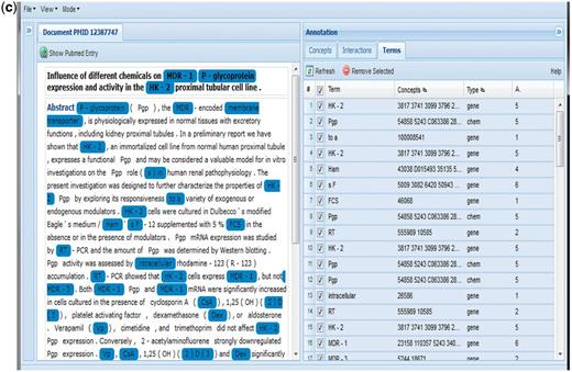 (a) Group 116 web interface. A screenshot of Group 116’s Concepts tab in their web interface. (b) A screenshot of Group 116’s Interactions tab in their web interface. (c) A screenshot of Group 116’s Terms tab in their web interface.