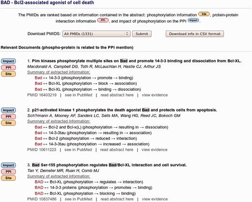 eFIP ranking and result summary of abstracts for protein BAD. A total of 1331 abstracts are linked to protein BAD as determined by eGRAB, among which 369 mention phosphorylation information (ranked and partially shown). The ‘Impact’, ‘PPI’ and ‘Site’ images on the left point to the type of information are found in the abstract. The title, authors and a summary of the interactions involving the phosphorylated forms of BAD are displayed. A spreadsheet summary file can be downloaded by clicking on the ‘Download info in CSV format’ button.