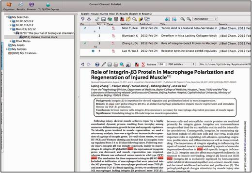 QUOSA Information Manager showing part of a paper from an issue of JBC with mouse, murine or mice highlighted. Curator quickly looks at context to select appropriate area of MGI that the paper best fits. The paper shown has been ‘tagged’ for alleles and GO.