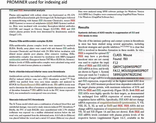 Output from PROMINER: PROMINER is used to assist in the gene indexing process. Utilizing official nomenclatures and synonym lists for mouse/rat/human gene names and gene symbols, PROMINER marks up papers for review by a curator, who then associates genes-to-papers in the MGI EI.