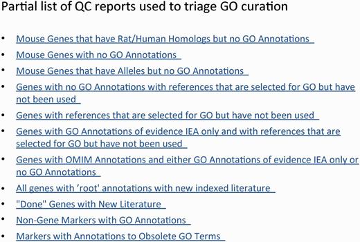 GO QC reports used for annotation triage and quality control.