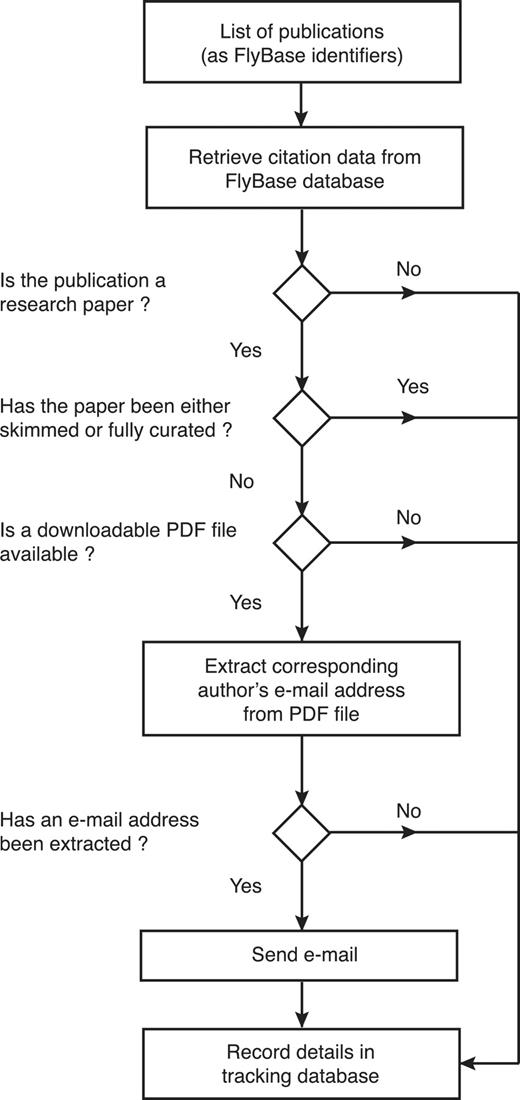 Workflow of the EmailAuthor software suite. For each publication, the software first checks its type and curation status using information stored in the FlyBase database. If it is a research paper that has not yet been triaged and a PDF file corresponding to the paper is available, the software attempts to extract the corresponding author’s e-mail address from the PDF file. If this is successful (97% of cases), an e-mail is sent to the extracted e-mail address. At each decision point, the information is stored in a tracking database.