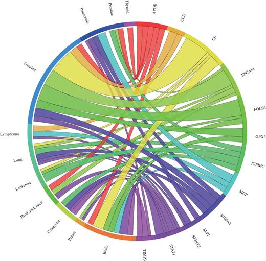Circos plot showing the meta-change in gene expression in relation to corresponding cancer types. The plot shows the meta-upregulated genes of the validation dataset from Hough et al. (30): The expression of the genes GPX3, CLU, EPCAM, SPINT2, FOLR1, S100A2, APOE and CP was found to be upregulated in ovarian cancer consistent with the published results. Each connection between a gene and a cancer type indicates a statistically significant mean up- or downregulation for that cancer type derived from a number of combined array studies for cancer tissue versus normal tissue. The weight of the connection corresponds to the magnitude of the meta-change in gene expression.
