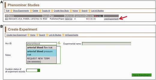 (A) Selected study page—this page displays the citation, a reference link and other information about the study. Clicking the ‘Add Experiment’ link (red arrow) returns the ‘Create Experiment’ page. (B) Create Experiment page—this page features an autocompleting text box for entering term IDs for either vertebrate trait terms (VT) or disease terms (RDO). The text box will accept a VT or RDO ID or any key word(s) found in VT or RDO terms. If a suggested term is selected, the ID is automatically entered in the selection text box and the term itself will be automatically entered in the accompanying ‘Experimental name’ box.