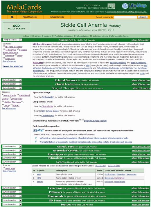 MalaCards sections. Subset of the MalaCard for sickle cell anemia. The left-hand side of each section lists its contributing sources. The right-hand side contains nuggets of section-related information, with deep links to the original sources for comprehensive scrutiny. 9. A ‘stats bar' containing the statistics of a selected set of populated sections is displayed in the card header.