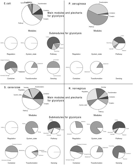 Analysis of the process ‘glycolysis’. Glycolysis is investigated and compared for different organisms (E. coli, P. aeruginosa, S. cerevisiae, R. norvegicus) with the GoSynthetic process search. For each organism a process search for the term ‘glycolysis’ was carried out; afterwards a pie chart regarding the types of modules involved in the process was generated. The pie chart for the main modules is firstly displayed, followed by the pie charts for the sub-modules. If a detailed list of regulation in glycolysis (for example) is desired, users can next perform a keyword search by typing ‘glycolysis’ in the text field (see Figure 1). All the proteins involved will be sorted according to their GO-terms, and then displayed in a result table.