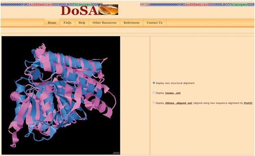 Visualization of the pairwise structural alignment with the Jmol applet. The structural alignments are based on improved structure-based sequence alignments, as seen in Figure 1. Users can also view individual protein domain structures using the Jmol applet by clicking on the buttons.
