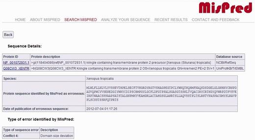 MisPred annotation of an erroneous protein sequence. The figure shows the entry for a protein sequence of X. tropicalis deposited in NCBI/RefSeq database with the protein ID: NP_001072931.1 and in the UniProtKB/TrEMBL database with the protein ID: Q08CW3_XENTR. The protein was identified as erroneous by MisPred tool 4 (domain size deviation) because it contains only a fragment of a domain (Pfam-A domain PF01822, WSC).