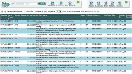 UniProt-GOA screenshot of some of the DbTF annotations. The annotations generated using the DbTF curation guidelines discussed here can be accessed from the GO database using the QuickGO tool.