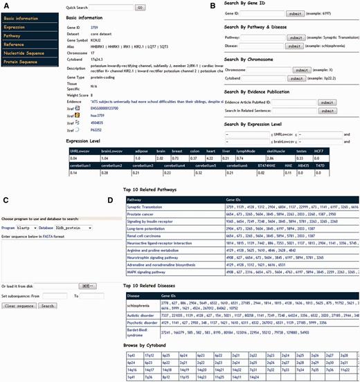 Web interface of IQdb. (A) The basic information in each IQ-associated gene page. (B) Query interface for text search. (C) BLAST search interface for comparing query against all sequences in IQdb. (D) Browser interface for genes in top 10 enriched pathways, top 10 enriched diseases and shared cytoband.