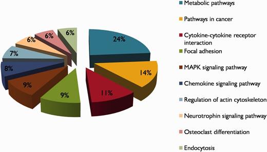 The top 10 KEGG pathway descriptions of hypoxia-regulated proteins in HypoxiaDB.