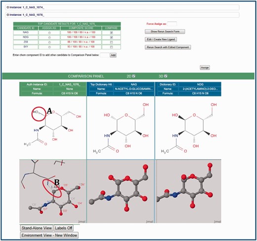 The Instance Search View (Step 2.2 in Figure 1). This example shows two instances in the deposited entry, both labeled NAG (N-acetyl-beta-d-glucosamine), that are analogs of the matches found in the CCD. For these instances, the annotator can launch 2D and 3D comparisons by selecting the arrow next to the instance of interest. Visual comparisons of deposited instances (green column) and CCD definitions (blue columns) are available. To suggest CCD matches, the CCA Tool uses the deposited chemical environment for the prediction of the complete chemical description. This environment is displayed as sticks in the visual displays. In this example, the tool has recognized the adjacent atoms, and has added the leaving group as a black stick (labeled A) to provide the absolute stereochemistry. The 3D view reveals the glycosylation interaction of the deposited instance of NAG with asparagine (ASN) (in stick representation, labeled B). The annotator can use this environmental information to correctly assign components.