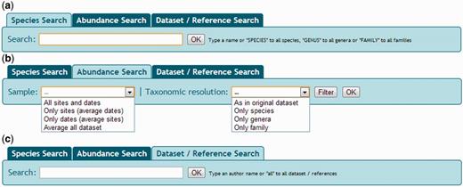 Snapshot of NONATObase for species (a), abundance (b) and data set/reference (c) queries.